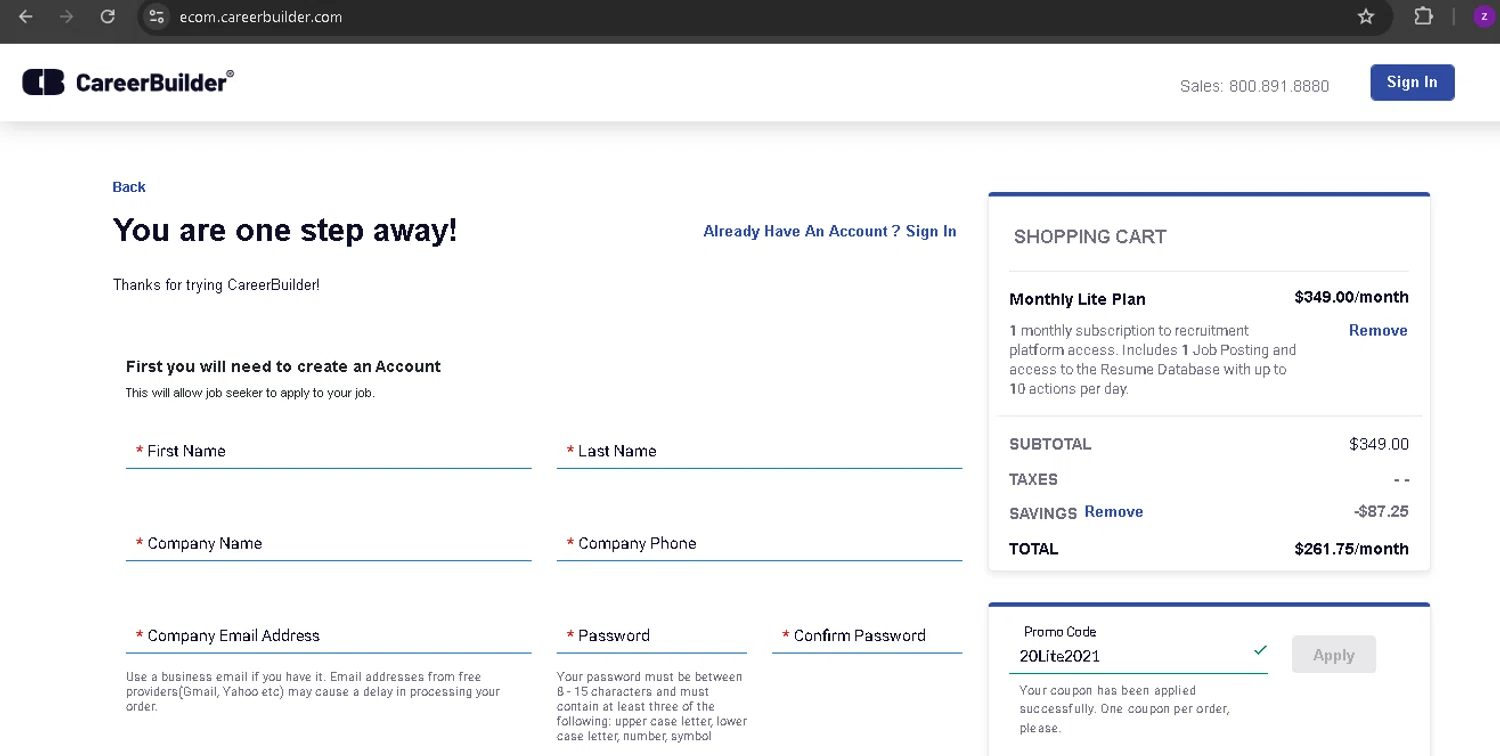 CareerBuilder checkout page showing CareerBuilder promo code box | Screenshot taken by SimplyCodes community member on Oct 14, 2024