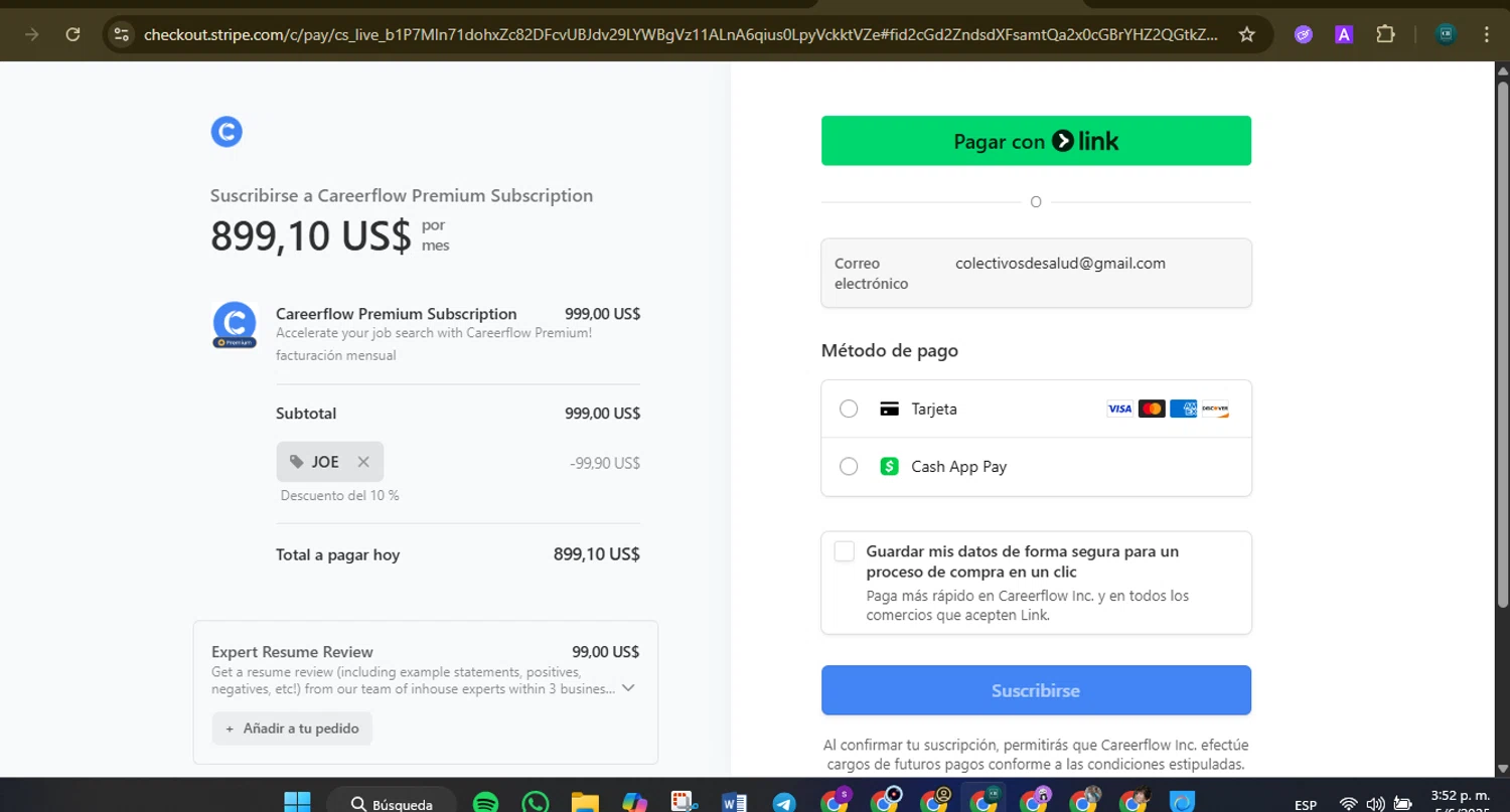 Careerflow promo code screenshot showing code JOE applied at Careerflow checkout page. Uploaded by SimplyCodes community member Charly2607 on Jun 5, 2025