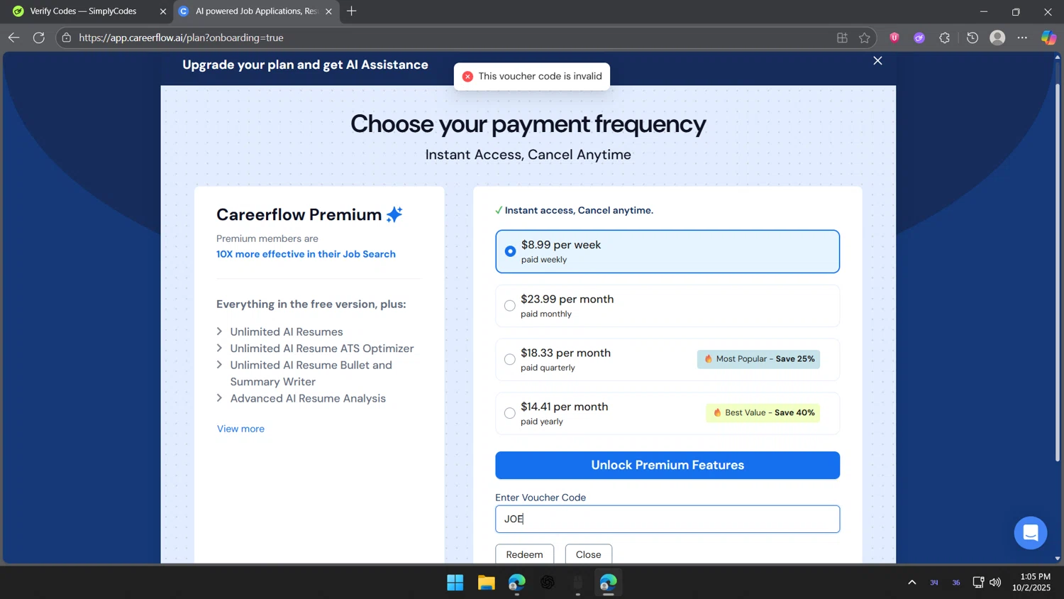 Careerflow promo code screenshot showing code JOE applied at Careerflow checkout page. Uploaded by SimplyCodes community member TheJoyBoy on Oct 2, 2025