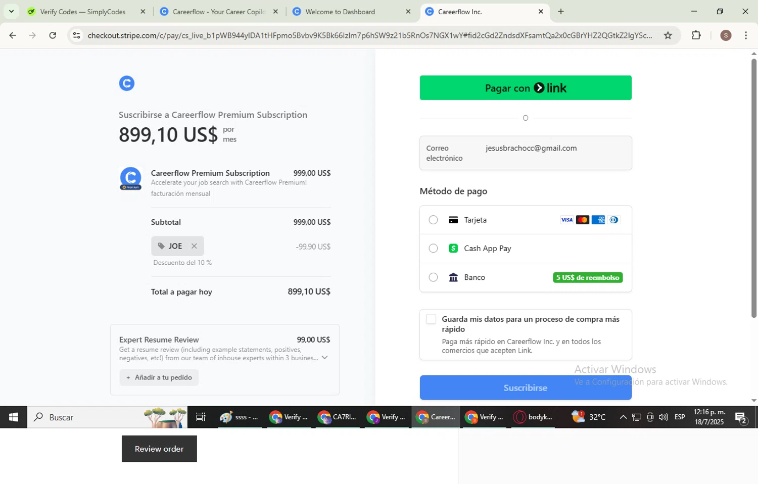Careerflow promo code screenshot showing code JOE applied at Careerflow checkout page. Uploaded by SimplyCodes community member WiseExpert2972 on Jul 18, 2025