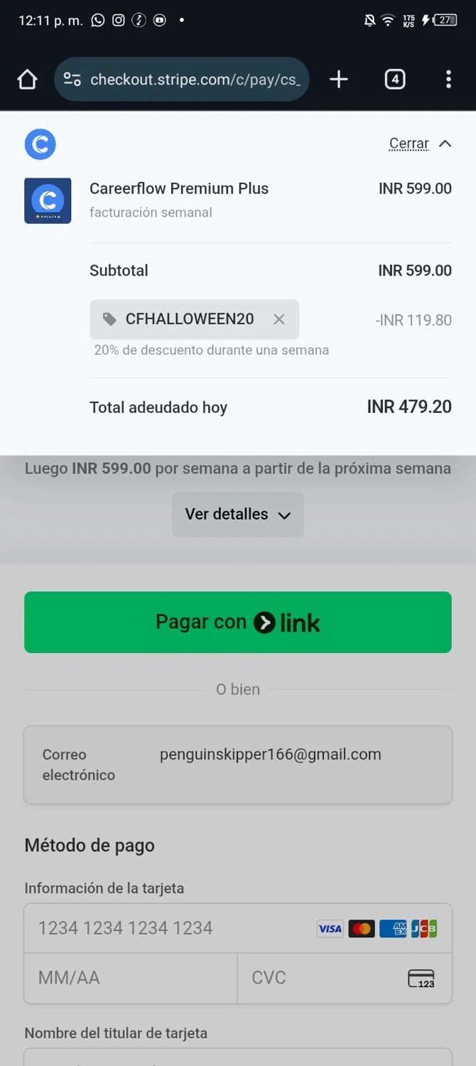 Careerflow checkout page showing Careerflow promo code box | Screenshot taken by SimplyCodes community member on Oct 21, 2025