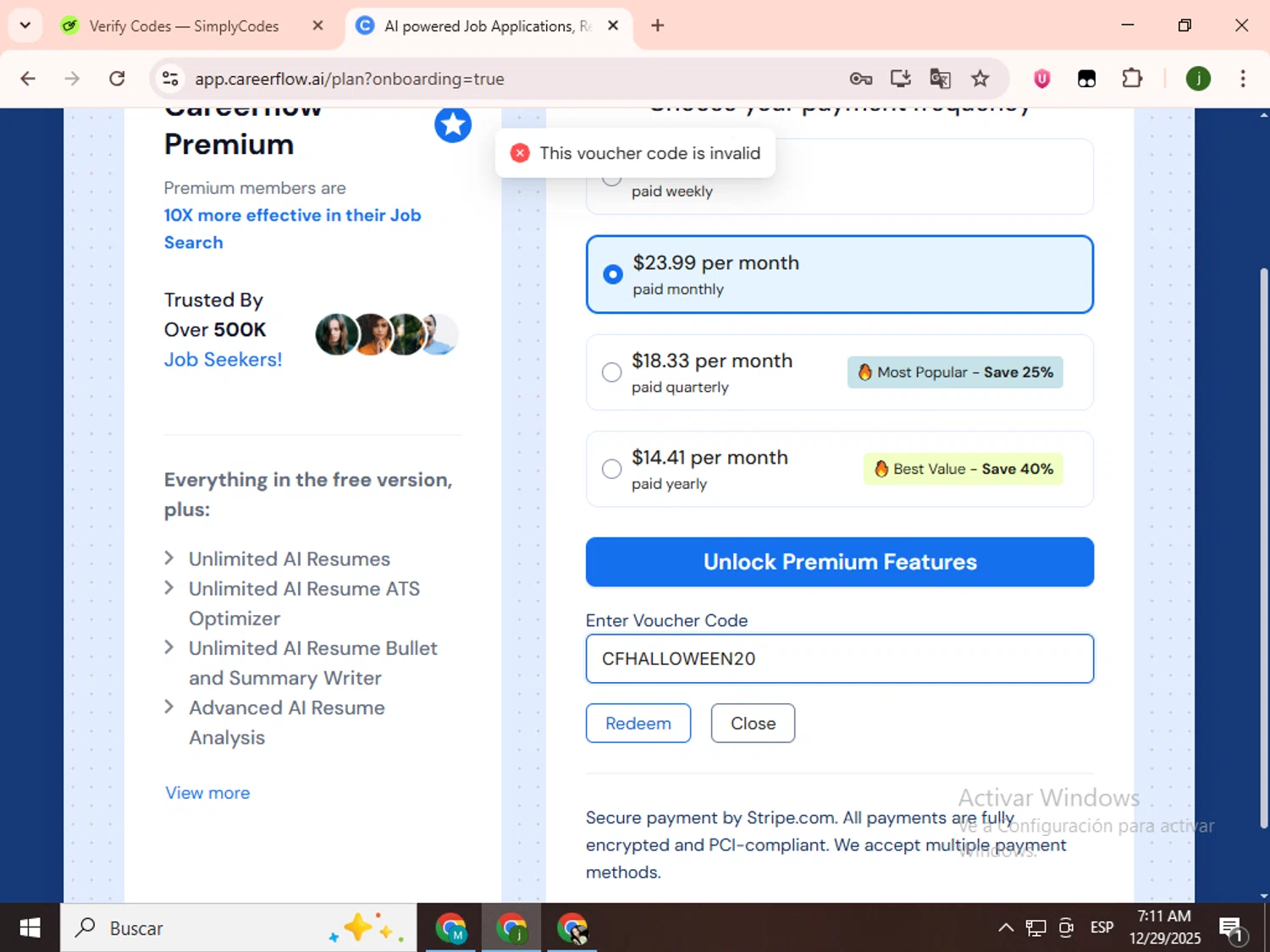 Careerflow promo code screenshot showing code CFHALLOWEEN20 applied at Careerflow checkout page. Uploaded by SimplyCodes community member SavingsCollector2592 on Dec 29, 2025