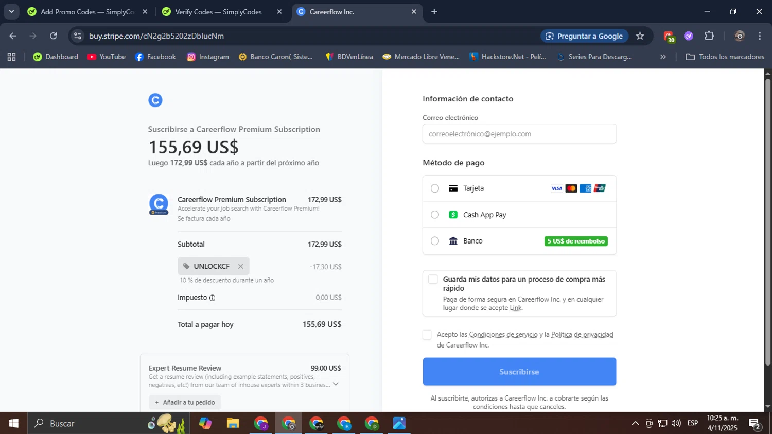 Careerflow promo code screenshot showing code UNLOCKCF applied at Careerflow checkout page. Uploaded by SimplyCodes community member Mroctober06 on Nov 4, 2025