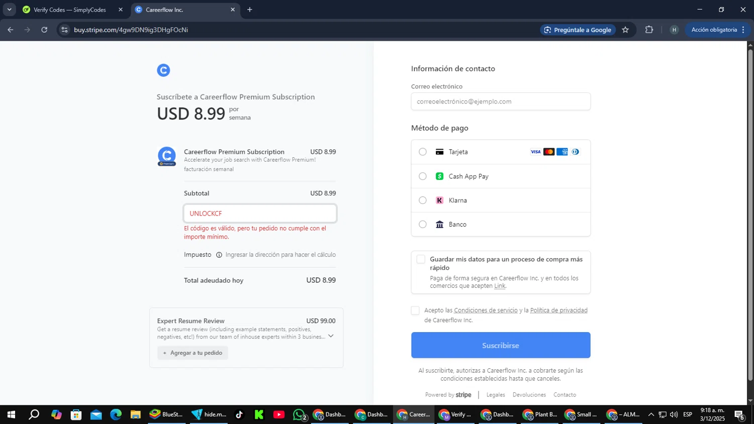 Careerflow promo code screenshot showing code UNLOCKCF applied at Careerflow checkout page. Uploaded by SimplyCodes community member PromoScout8746 on Dec 3, 2025