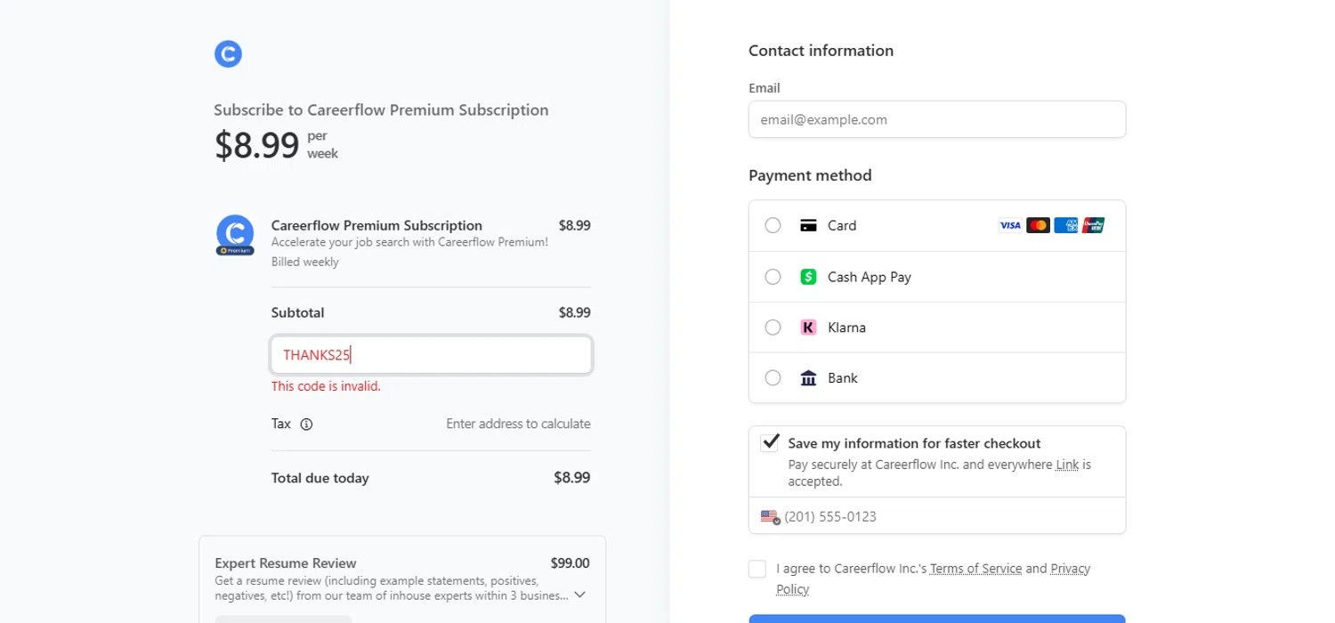 Careerflow promo code screenshot showing code THANKS25 applied at Careerflow checkout page. Uploaded by SimplyCodes community member MagnificentCurator5441 on Dec 26, 2025