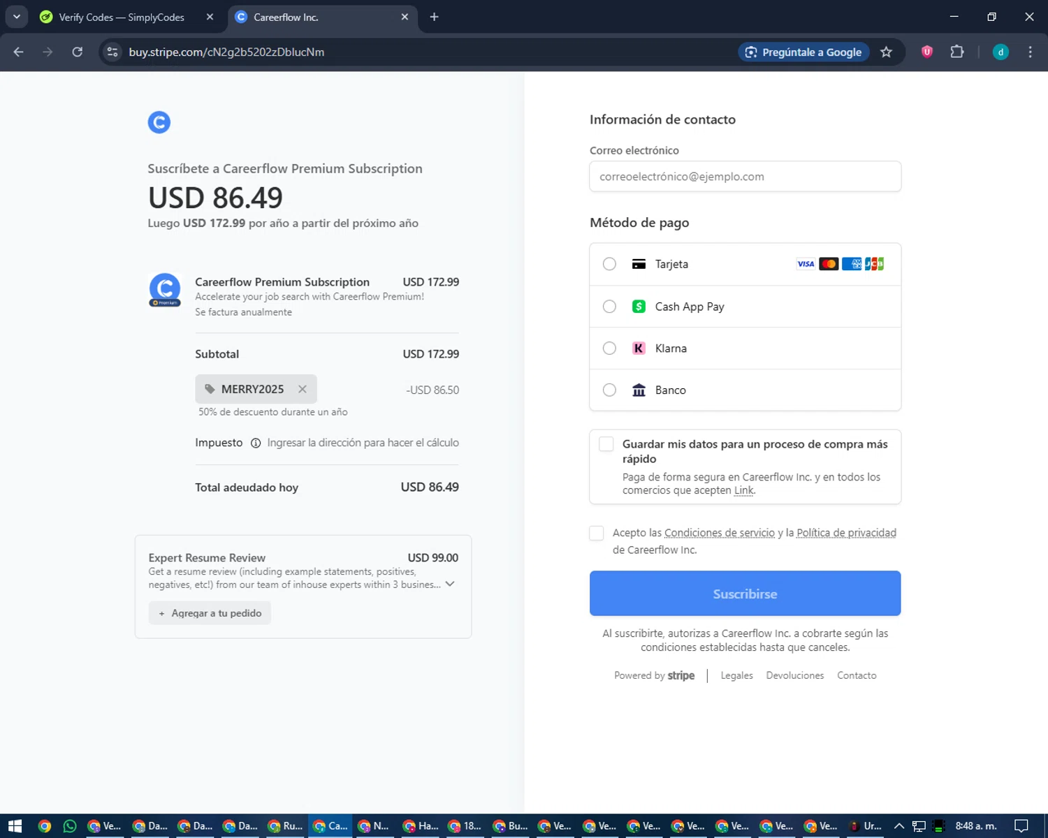 Careerflow checkout page showing Careerflow promo code box | Screenshot taken by SimplyCodes community member on Jan 21, 2026