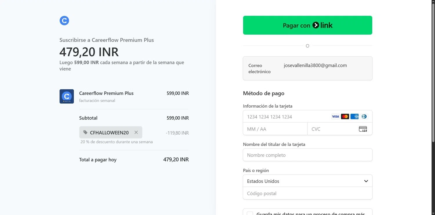 Careerflow promo code screenshot showing code CFHALLOWEEN20 applied at Careerflow checkout page. Uploaded by SimplyCodes community member Depressive on Oct 31, 2025