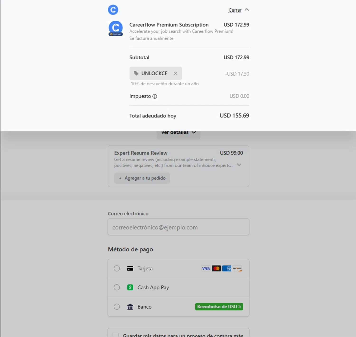 Careerflow promo code screenshot showing code UNLOCKCF applied at Careerflow checkout page. Uploaded by SimplyCodes community member PillarsofCreation on Oct 25, 2025