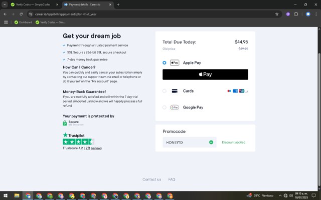 Career.io checkout page showing Career.io promo code box | Screenshot taken by SimplyCodes community member on Jul 10, 2025