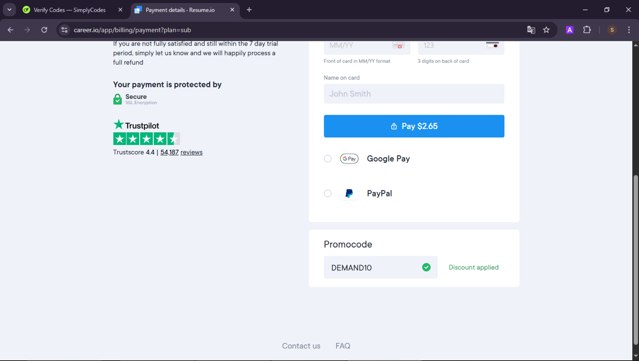 Career.io checkout page showing Career.io promo code box | Screenshot taken by SimplyCodes community member on Jun 11, 2025