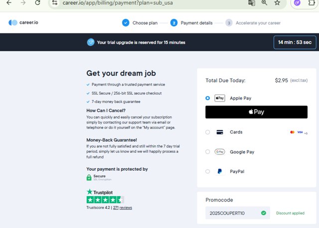 Career.io checkout page showing Career.io promo code box | Screenshot taken by SimplyCodes community member on Jul 13, 2025