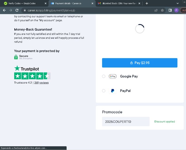 Career.io checkout page showing Career.io promo code box | Screenshot taken by SimplyCodes community member on Jun 14, 2025