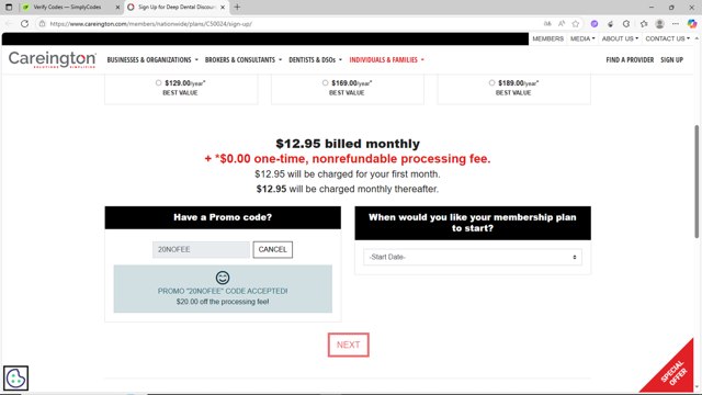 Careington Dental checkout page showing Careington Dental promo code box | Screenshot taken by SimplyCodes community member on Jul 7, 2025