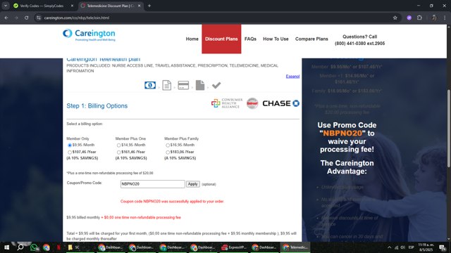 Careington Dental checkout page showing Careington Dental promo code box | Screenshot taken by SimplyCodes community member on May 8, 2025