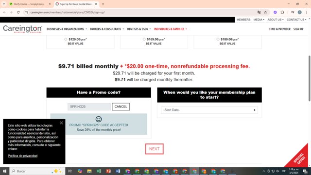 Careington Dental checkout page showing Careington Dental promo code box | Screenshot taken by SimplyCodes community member on May 3, 2025