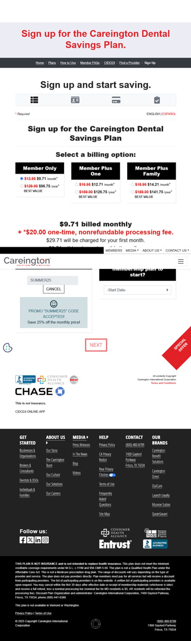 Careington Dental checkout page showing Careington Dental promo code box | Screenshot taken by SimplyCodes community member on Jul 7, 2025
