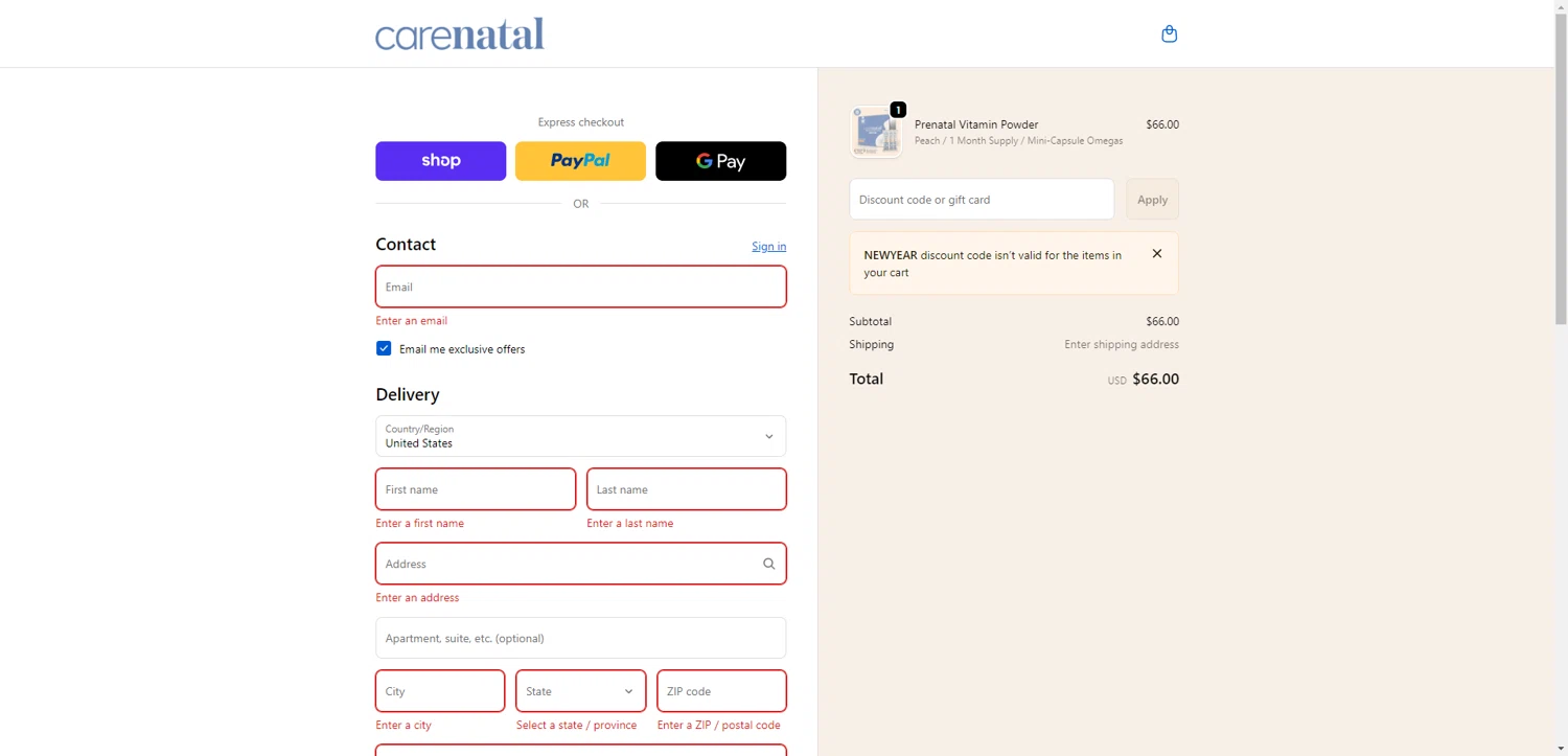 CareNatal checkout page showing CareNatal promo code box | Screenshot taken by SimplyCodes community member on Dec 26, 2025