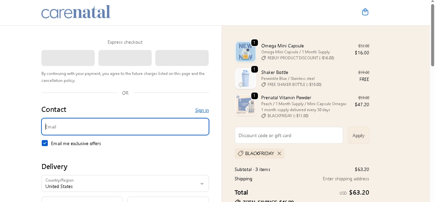 CareNatal promo code screenshot showing code blackfriday applied at CareNatal checkout page. Uploaded by SimplyCodes community member shark12 on Nov 15, 2025