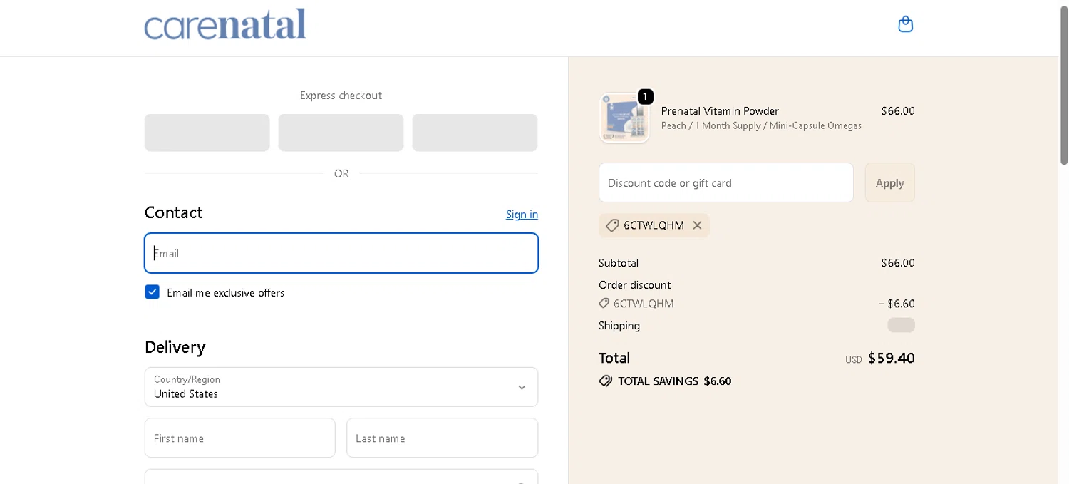 CareNatal promo code screenshot showing code 6CTWLQHM applied at CareNatal checkout page. Uploaded by SimplyCodes community member shark12 on Nov 19, 2025