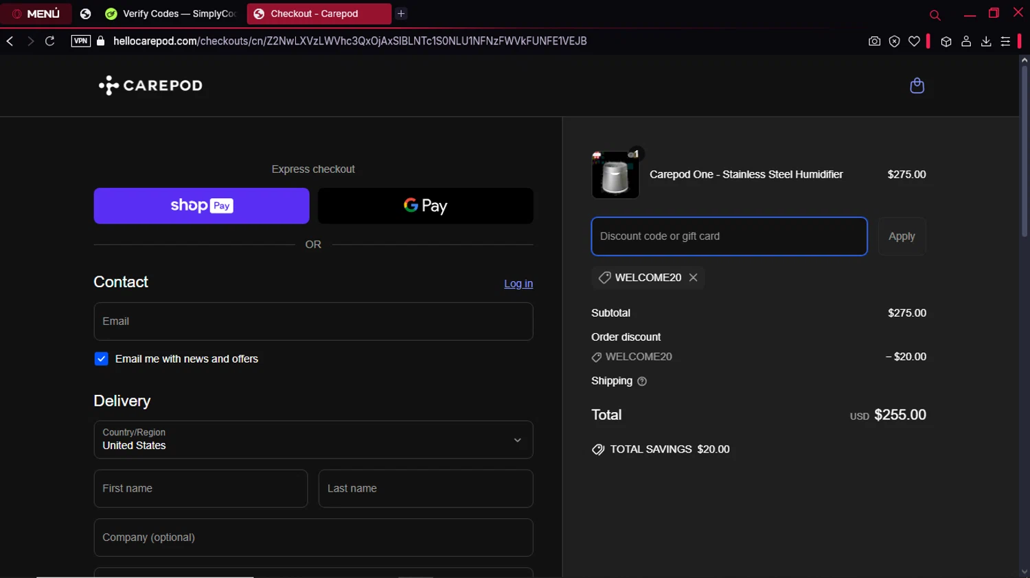 Carepod discount code screenshot showing code WELCOME20 applied at Carepod checkout page. Uploaded by SimplyCodes community member SwiftSleuth1271 on Mar 17, 2025