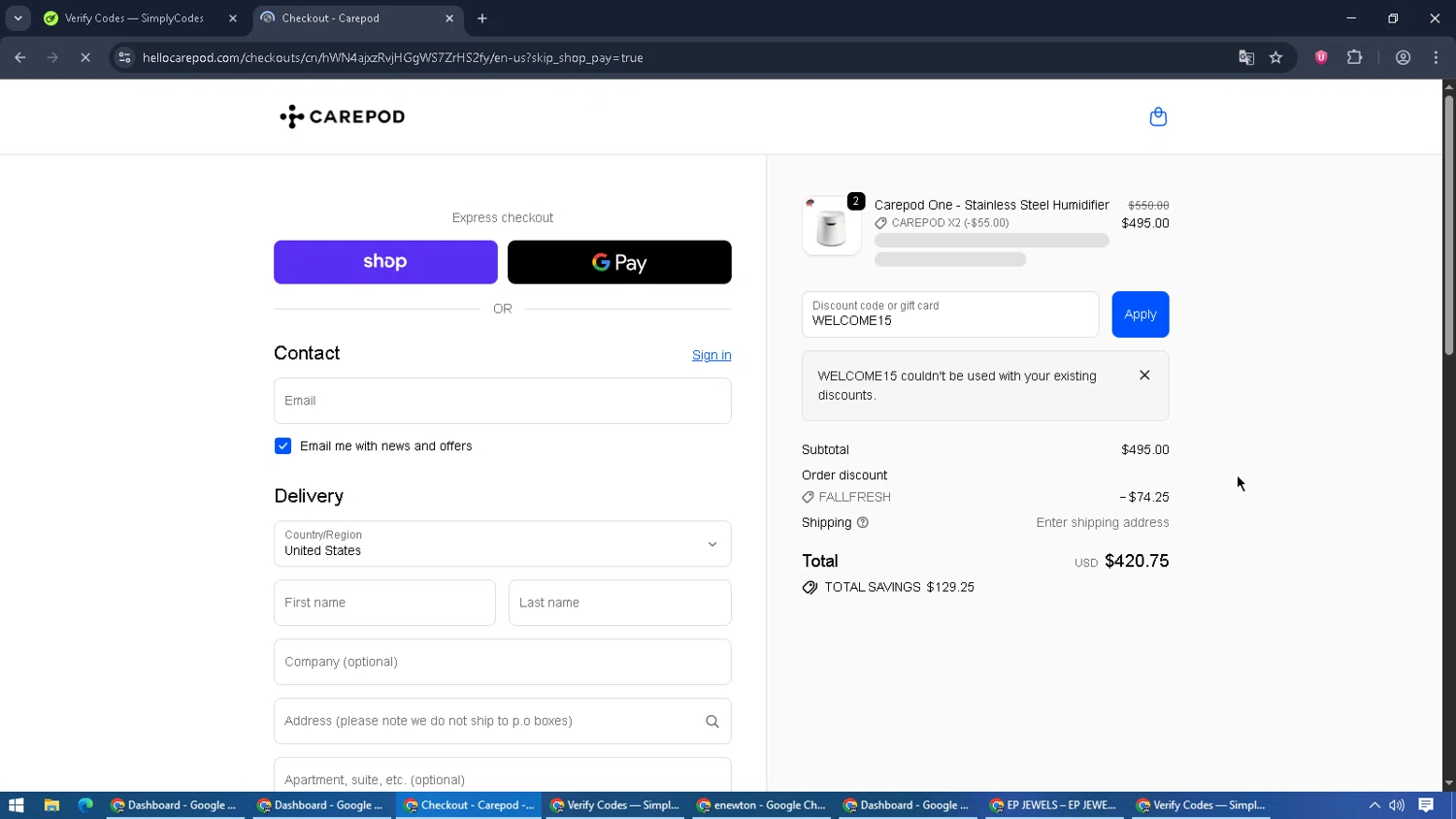 Carepod discount code screenshot showing code WELCOME15 applied at Carepod checkout page. Uploaded by SimplyCodes community member RebateCaptain6440 on Oct 27, 2025