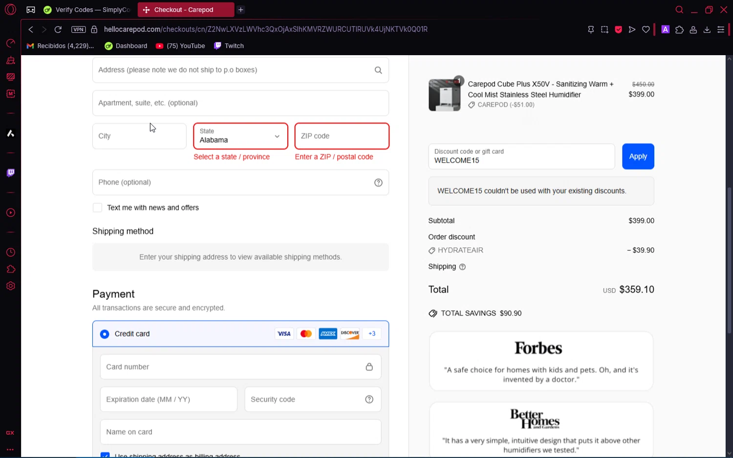 Carepod discount code screenshot showing code WELCOME15 applied at Carepod checkout page. Uploaded by SimplyCodes community member VoucherAce8469 on Jun 12, 2025