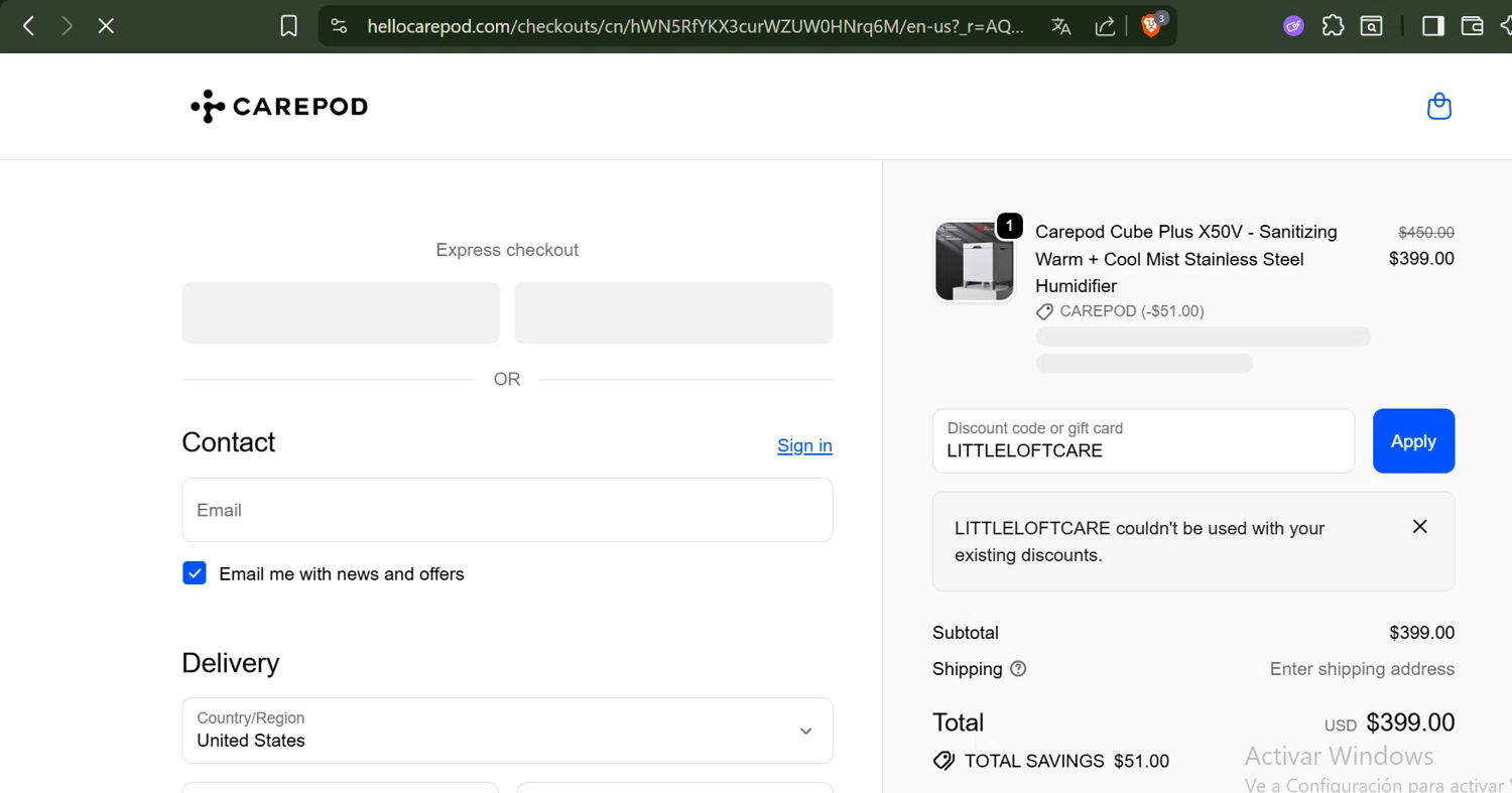 Carepod discount code screenshot showing code LITTLELOFTCARE applied at Carepod checkout page. Uploaded by SimplyCodes community member SwiftLynx6587 on Nov 18, 2025