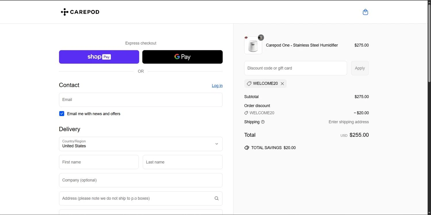 Carepod discount code screenshot showing code WELCOME20 applied at Carepod checkout page. Uploaded by SimplyCodes community member Depressive on Mar 17, 2025