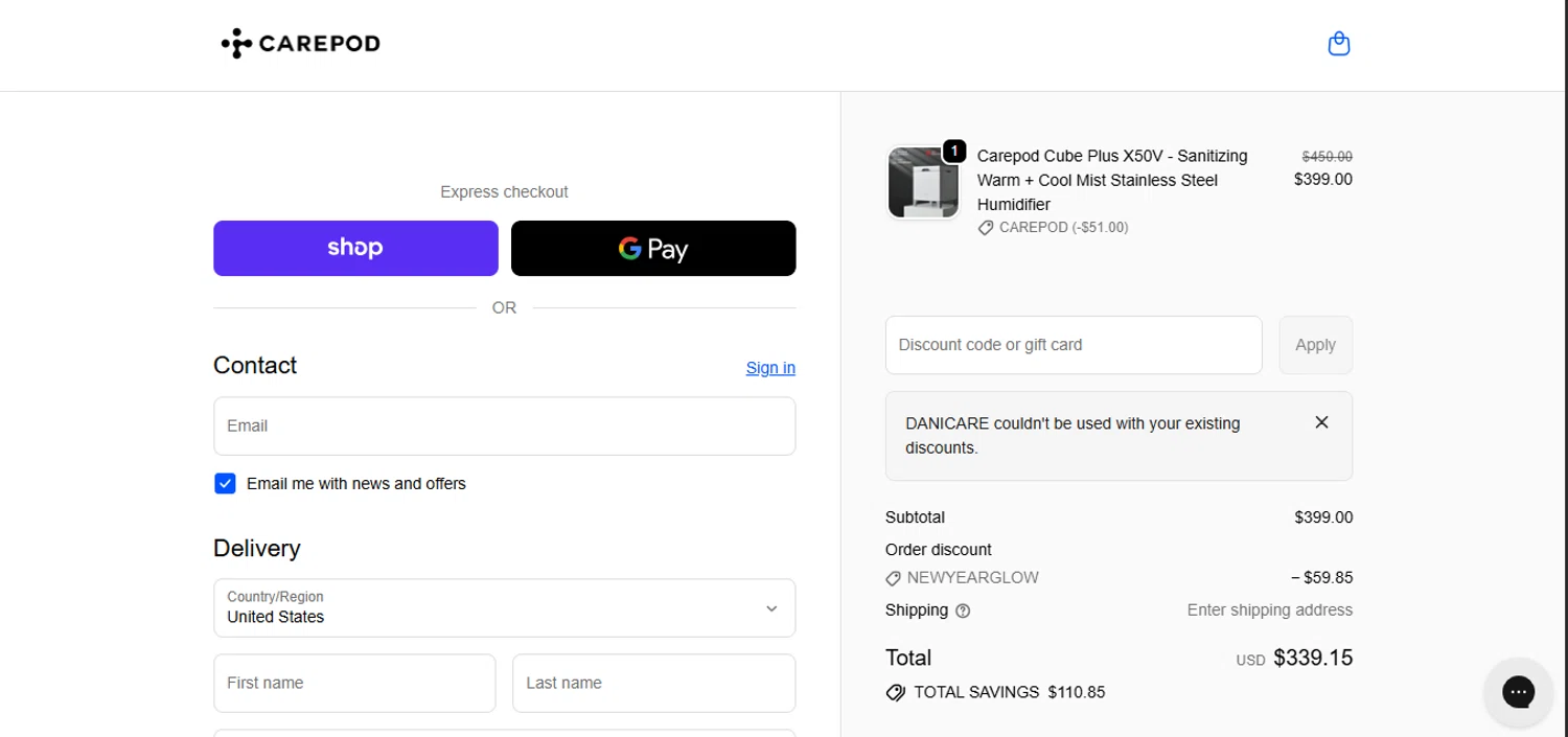 Carepod discount code screenshot showing code DANICARE applied at Carepod checkout page. Uploaded by SimplyCodes community member juanisaac on Jan 8, 2026