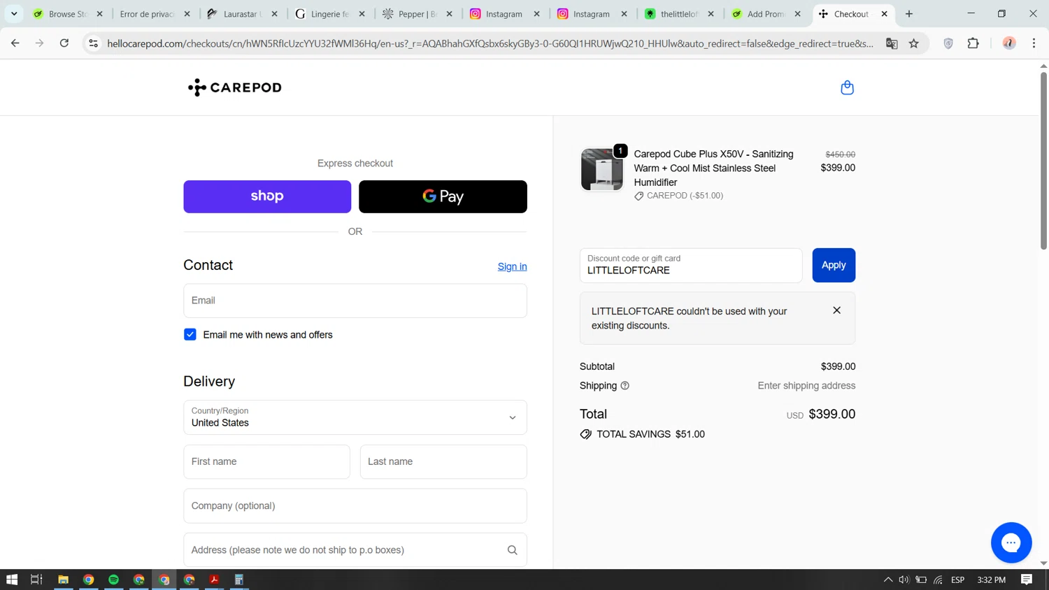 Carepod discount code screenshot showing code LITTLELOFTCARE applied at Carepod checkout page. Uploaded by SimplyCodes community member yokoono10 on Nov 18, 2025