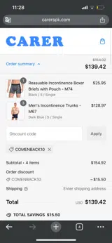 COMENBACK10 coupon verification screenshot