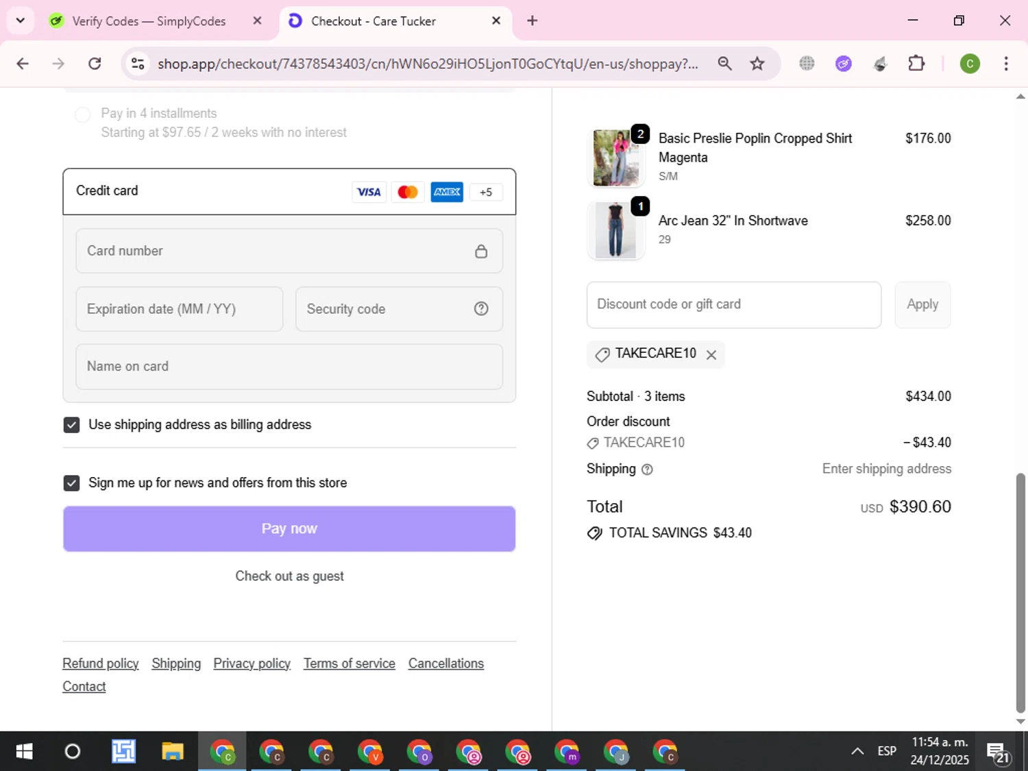 Care Tucker promo code screenshot showing code TAKECARE10 applied at Care Tucker checkout page. Uploaded by SimplyCodes community member RoyalKnight4673 on Dec 24, 2025