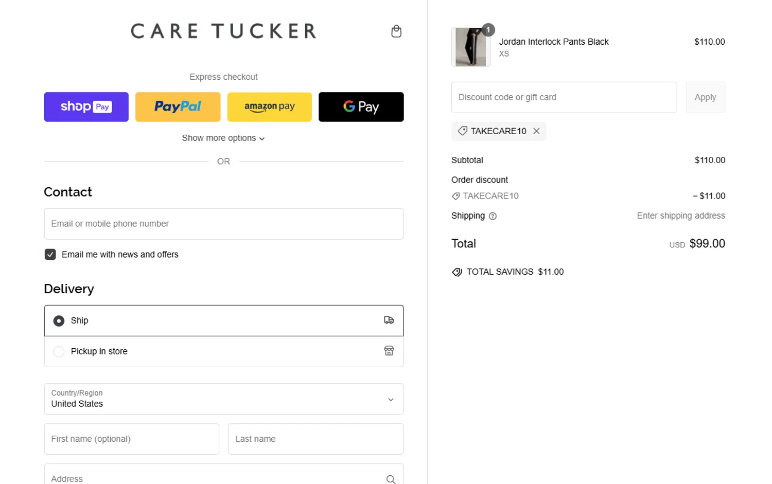 Care Tucker promo code screenshot showing code TAKECARE10 applied at Care Tucker checkout page. Uploaded by SimplyCodes community member TokenNavigator6891 on Feb 11, 2025
