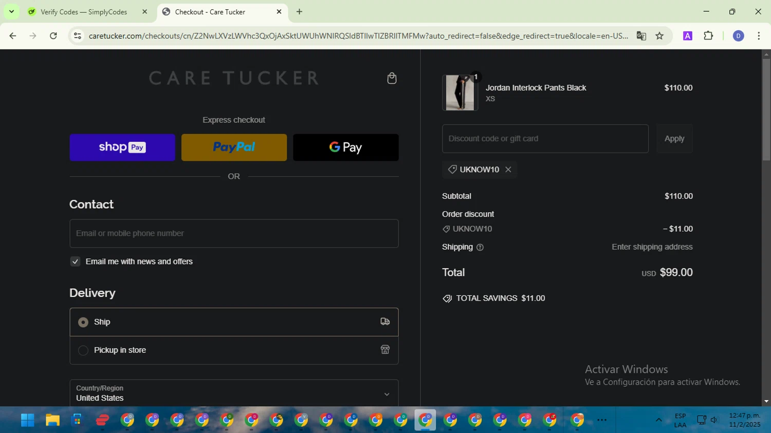 Care Tucker promo code screenshot showing code UKNOW10 applied at Care Tucker checkout page. Uploaded by SimplyCodes community member VoucherTitan8325 on Feb 11, 2025