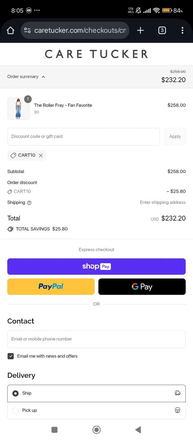 Care Tucker promo code screenshot showing code Cart10 applied at Care Tucker checkout page. Uploaded by SimplyCodes community member Bjhfuhdf on Aug 6, 2025