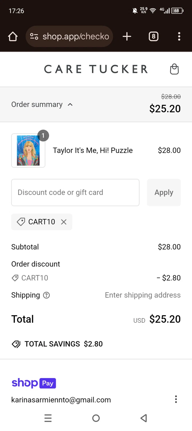 Care Tucker promo code screenshot showing code Cart10 applied at Care Tucker checkout page. Uploaded by SimplyCodes community member Olivatle on Jan 14, 2025