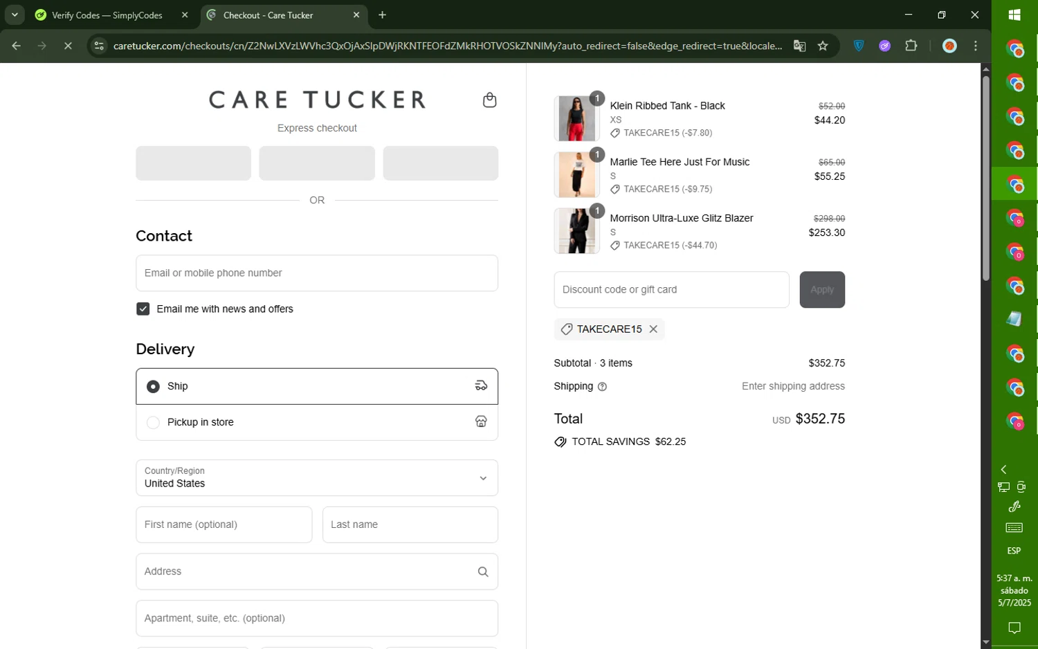 Care Tucker promo code screenshot showing code TAKECARE15 applied at Care Tucker checkout page. Uploaded by SimplyCodes community member DealTiger9869 on Jul 5, 2025
