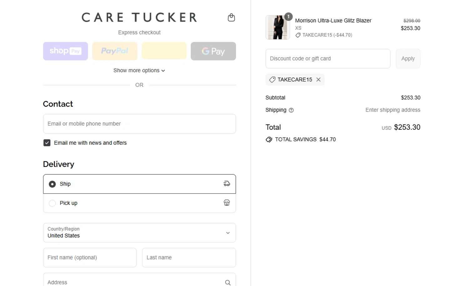 Care Tucker promo code screenshot showing code TAKECARE15 applied at Care Tucker checkout page. Uploaded by SimplyCodes community member QuestNavigator1687 on Jul 28, 2025
