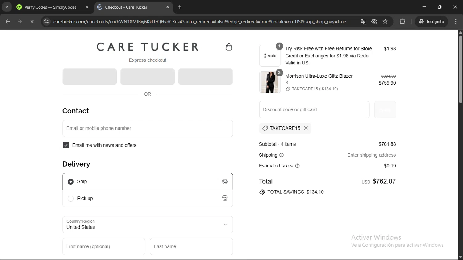 Care Tucker promo code screenshot showing code TAKECARE15 applied at Care Tucker checkout page. Uploaded by SimplyCodes community member SwiftSage2309 on Jul 28, 2025