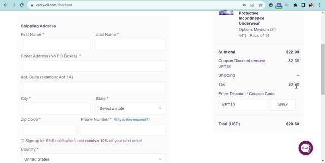Carewell checkout page showing Carewell coupon code box | Screenshot taken by SimplyCodes community member on Sep 15, 2023