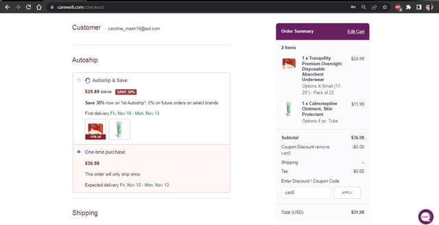 Carewell checkout page showing Carewell coupon code box | Screenshot taken by SimplyCodes community member on Nov 9, 2023
