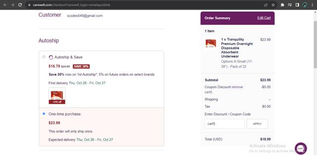 Carewell checkout page showing Carewell coupon code box | Screenshot taken by SimplyCodes community member on Oct 24, 2023