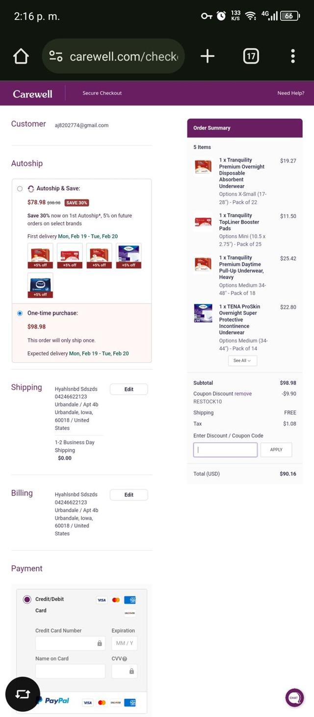 Carewell checkout page showing Carewell coupon code box | Screenshot taken by SimplyCodes community member on Feb 16, 2024