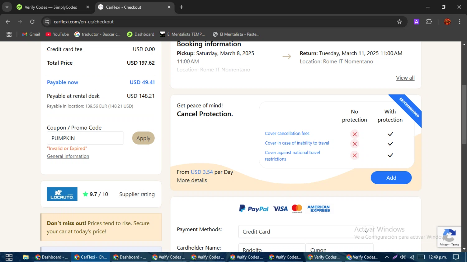 Carflexi.com promo code screenshot showing code PUMPKIN applied at Carflexi.com checkout page. Uploaded by SimplyCodes community member Rodolfo on Mar 5, 2025