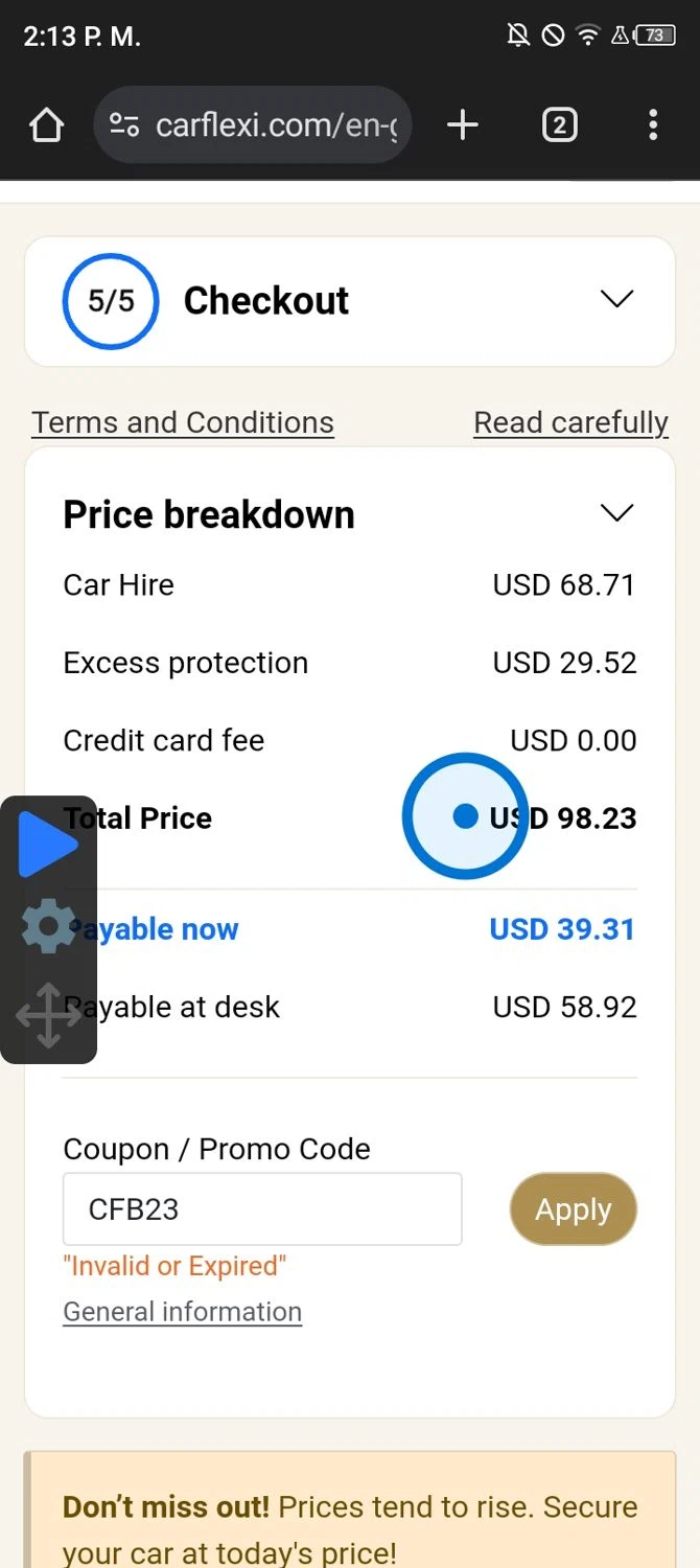Carflexi.com promo code screenshot showing code CFB23 applied at Carflexi.com checkout page. Uploaded by SimplyCodes community member Manguito_Chambeador on Mar 23, 2025