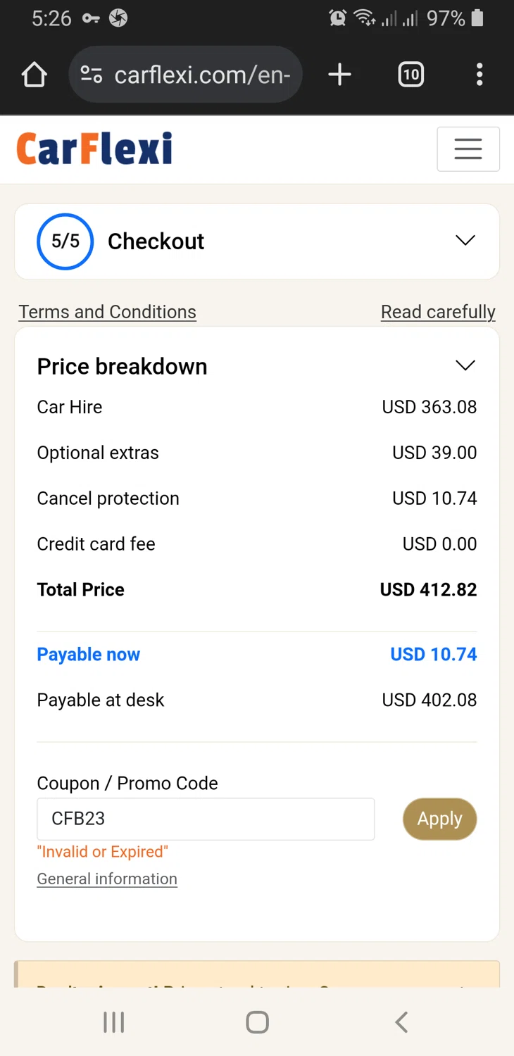 Carflexi.com promo code screenshot showing code CFB23 applied at Carflexi.com checkout page. Uploaded by SimplyCodes community member TreasureLynx6841 on Mar 17, 2025