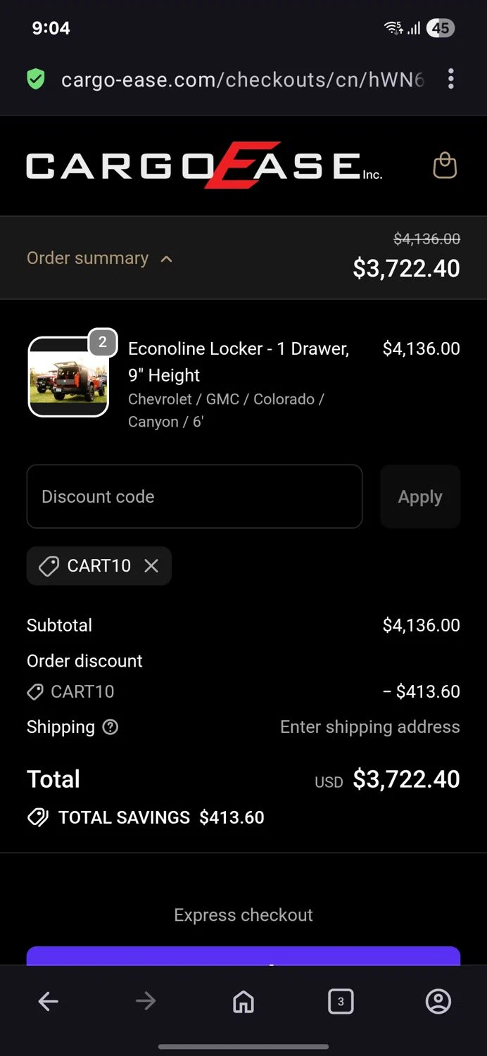 Cargo Ease promo code screenshot showing code Cart10 applied at Cargo Ease checkout page. Uploaded by SimplyCodes community member BB9542251456527 on Jan 10, 2026