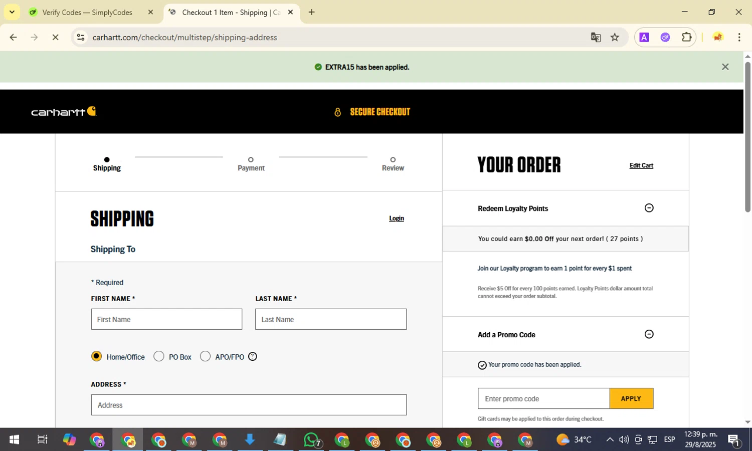 Carhartt promo code screenshot showing code EXTRA15 applied at Carhartt checkout page. Uploaded by SimplyCodes community member NobleMonarch1787 on Aug 29, 2025