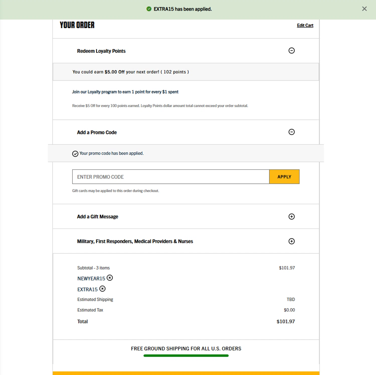 Carhartt promo code screenshot showing code EXTRA15 applied at Carhartt checkout page. Uploaded by SimplyCodes community member reggiesmith on Jan 17, 2026
