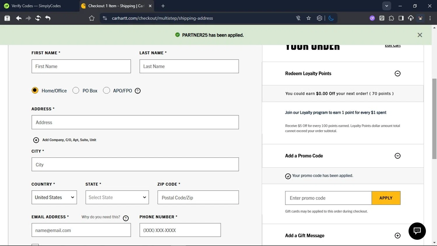 Carhartt promo code screenshot showing code PARTNER25 applied at Carhartt checkout page. Uploaded by SimplyCodes community member USER_RANDON on Aug 27, 2025